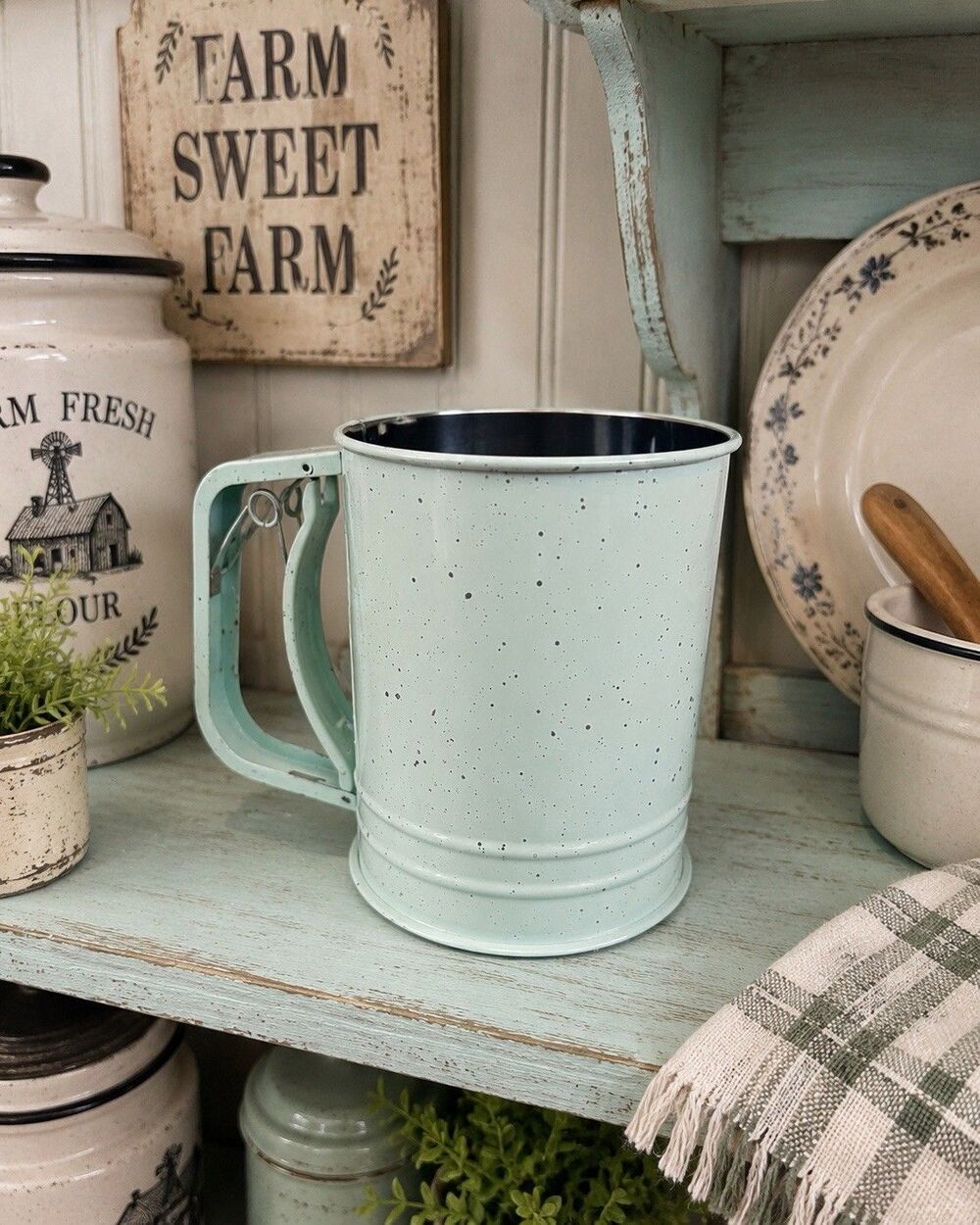 Vintage Metal Flour Sifter Mug Mint Green Speckled Kitchen Baking Tool Cup Jar